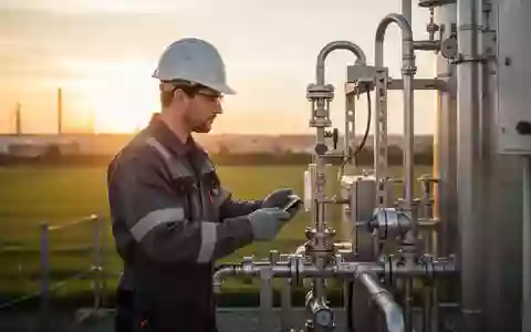 Ein Techniker überprüft eine Methan-Absauganlage in einer industriellen Umgebung bei Sonnenuntergang. - Foto: über boerse-global.de