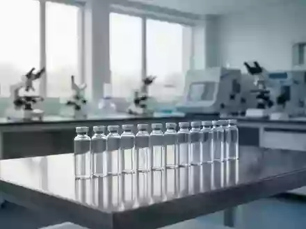 Ein minimalistisches, steriles medizinisches Labor mit leeren Glasphiolen auf einer Edelstahloberfläche in hellem Tageslicht. - Foto: über boerse-global.de