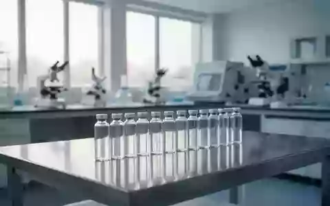 Ein minimalistisches, steriles medizinisches Labor mit leeren Glasphiolen auf einer Edelstahloberfläche in hellem Tageslicht. - Foto: über boerse-global.de
