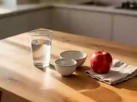 Ein Glas Wasser und ein Apfel auf einem Holztisch bei natürlichem Morgenlicht als Symbol für den Start in den Tag. - Foto: über boerse-global.de