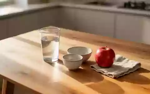 Ein Glas Wasser und ein Apfel auf einem Holztisch bei natürlichem Morgenlicht als Symbol für den Start in den Tag. - Foto: über boerse-global.de