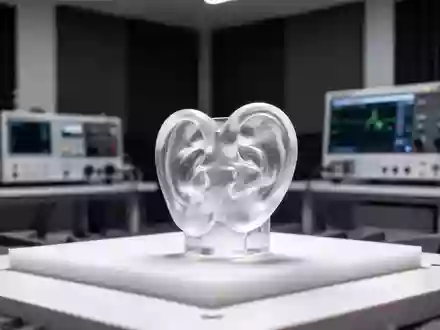 Ein präzises 3D-Modell einer Ohrmuschel aus Kunstharz in einem modernen Akustik-Forschungslabor. - Foto: über boerse-global.de