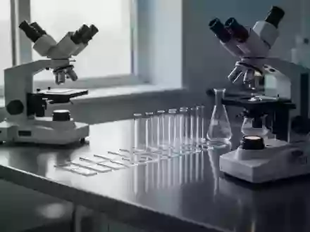 Ein steriler Labortisch mit mikroskopischen Analysegeräten und Glasobjektträgern in einem hellen, klinischen Umfeld. - Foto: über boerse-global.de