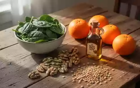 Eine Auswahl frischer, gesunder Lebensmittel wie Spinat, Walnüsse, Orangen und Olivenöl auf einem Holztisch. - Foto: über boerse-global.de