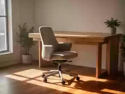 Ein aufgeräumter, minimalistischer Arbeitsplatz in einem hellen Raum mit einem ergonomischen Stuhl und einem Holztisch. - Foto: über boerse-global.de