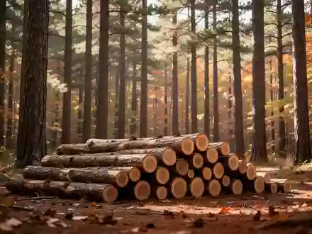 Ein ruhiger Wald mit gestapelten Baumstämmen auf dem Waldboden bei natürlichem Tageslicht. - Foto: über boerse-global.de