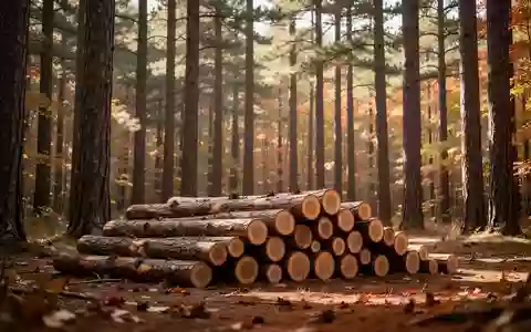 Ein ruhiger Wald mit gestapelten Baumstämmen auf dem Waldboden bei natürlichem Tageslicht. - Foto: über boerse-global.de