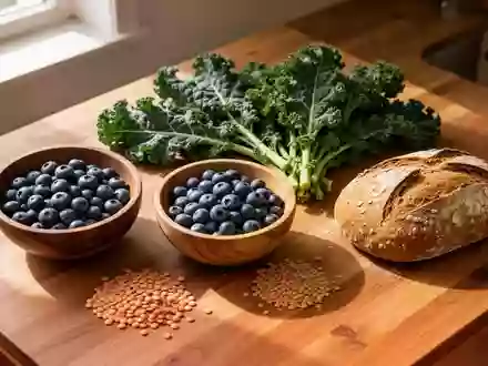 Ein hölzerner Küchentisch mit frischem Obst, Gemüse, Hülsenfrüchten und Vollkornbrot in natürlichem Tageslicht. - Foto: über boerse-global.de