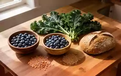 Ein hölzerner Küchentisch mit frischem Obst, Gemüse, Hülsenfrüchten und Vollkornbrot in natürlichem Tageslicht. - Foto: über boerse-global.de