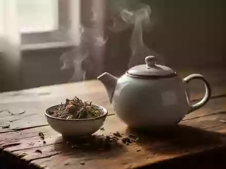 Eine dampfende Teekanne mit getrockneten Kräutern auf einem Holztisch, die eine ruhige, natürliche Atmosphäre vermittelt. - Foto: über boerse-global.de