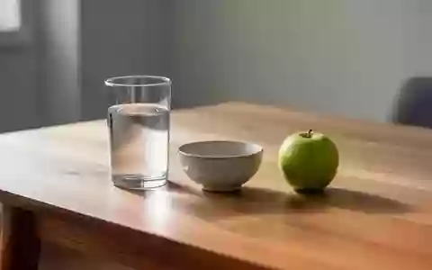 Ein Glas Wasser und ein Apfel auf einem schlichten Holztisch in einer ruhigen, hellen Umgebung. - Foto: über boerse-global.de
