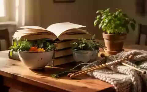 Ein sonnendurchfluteter Holztisch mit Büchern, frischen Kräutern und Strickzeug in einer ruhigen, entspannten Atmosphäre. - Foto: über boerse-global.de