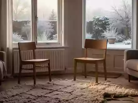 Ein minimalistisch eingerichteter, warmer Wohnraum mit Blick auf einen frostigen Garten an einem Wintermorgen. - Foto: über boerse-global.de