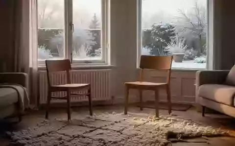 Ein minimalistisch eingerichteter, warmer Wohnraum mit Blick auf einen frostigen Garten an einem Wintermorgen. - Foto: über boerse-global.de