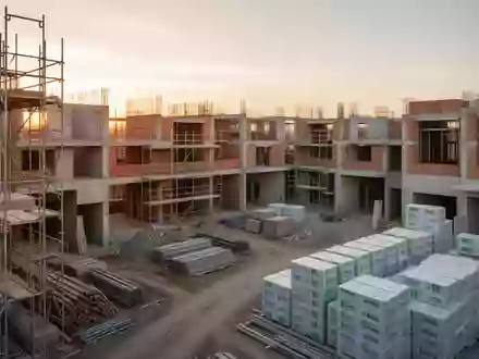 Eine Baustelle für moderne Wohngebäude mit Rohbauten und Baumaterialien bei Sonnenuntergang. - Foto: über boerse-global.de