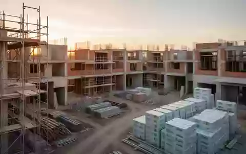 Eine Baustelle für moderne Wohngebäude mit Rohbauten und Baumaterialien bei Sonnenuntergang. - Foto: über boerse-global.de