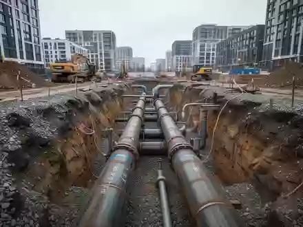 Freigelegte Fernwärmerohre in einer städtischen Baugrube während der Installation. - Foto: über boerse-global.de