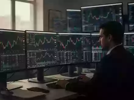 Ein Börsenhändler blickt besorgt auf Monitore mit fallenden Aktienkursen in einem modern eingerichteten Büro. - Foto: über boerse-global.de