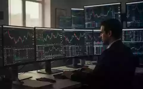 Ein Börsenhändler blickt besorgt auf Monitore mit fallenden Aktienkursen in einem modern eingerichteten Büro. - Foto: über boerse-global.de
