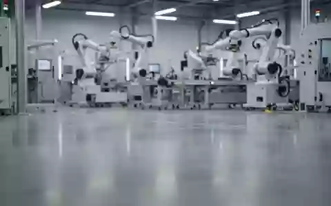 Eine moderne, sterile Industriehalle mit Fertigungsmaschinen in einer hellen, minimalistischen Umgebung. - Foto: über boerse-global.de