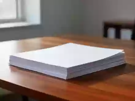 Ein ordentlicher, minimalistischer Arbeitsplatz mit einem Stapel leerer weißer Dokumente auf einem Holztisch bei Tageslicht. - Foto: über boerse-global.de