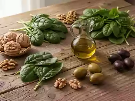 Frische mediterrane Lebensmittel wie Olivenöl, Nüsse und Blattgemüse auf einem rustikalen Holztisch bei natürlichem Licht. - Foto: über boerse-global.de