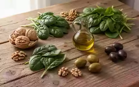 Frische mediterrane Lebensmittel wie Olivenöl, Nüsse und Blattgemüse auf einem rustikalen Holztisch bei natürlichem Licht. - Foto: über boerse-global.de