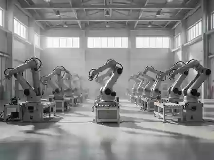Eine moderne, leere industrielle Fertigungshalle mit Präzisions-Roboterarmen an Arbeitsstationen bei natürlichem Lichteinfall. - Foto: über boerse-global.de