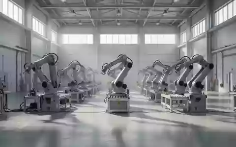 Eine moderne, leere industrielle Fertigungshalle mit Präzisions-Roboterarmen an Arbeitsstationen bei natürlichem Lichteinfall. - Foto: über boerse-global.de