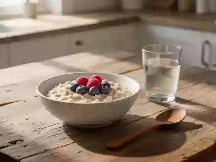 Ein minimalistisch gedeckter Frühstückstisch mit einer Schale Haferflocken und Beeren in hellem Morgenlicht. - Foto: über boerse-global.de