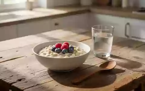 Ein minimalistisch gedeckter Frühstückstisch mit einer Schale Haferflocken und Beeren in hellem Morgenlicht. - Foto: über boerse-global.de