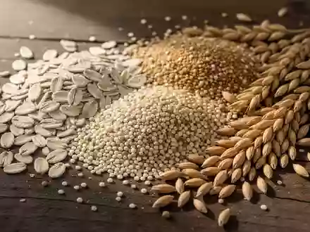 Nahaufnahme von verschiedenen rohen Vollkorngetreidesorten wie Hafer und Quinoa auf einer dunklen Holzoberfläche. - Foto: über boerse-global.de