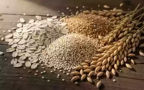 Nahaufnahme von verschiedenen rohen Vollkorngetreidesorten wie Hafer und Quinoa auf einer dunklen Holzoberfläche. - Foto: über boerse-global.de