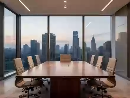 Ein minimalistischer, moderner Konferenzraum mit bodentiefen Fenstern und Blick auf die Skyline bei Dämmerung. - Foto: über boerse-global.de