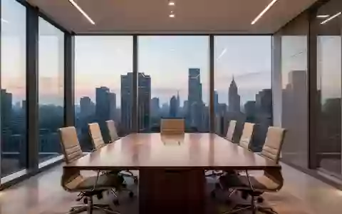 Ein minimalistischer, moderner Konferenzraum mit bodentiefen Fenstern und Blick auf die Skyline bei Dämmerung. - Foto: über boerse-global.de