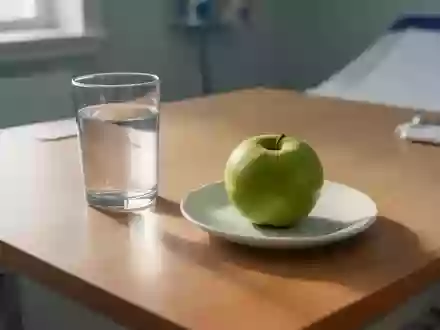 Ein Apfel und ein Glas Wasser auf einem hölzernen Untersuchungstisch als Symbol für eine gesunde Lebensweise. - Foto: über boerse-global.de