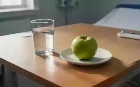 Ein Apfel und ein Glas Wasser auf einem hölzernen Untersuchungstisch als Symbol für eine gesunde Lebensweise. - Foto: über boerse-global.de