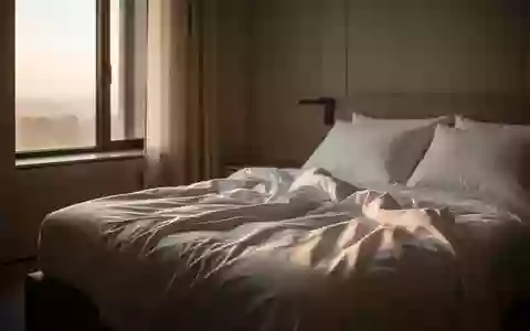 Ein minimalistisch eingerichtetes Schlafzimmer am frühen Morgen mit einfallendem Tageslicht auf einem ungemachten Bett. - Foto: über boerse-global.de