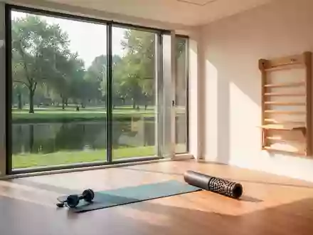 Ein heller, minimalistischer Physiotherapieraum mit einer Gymnastikmatte und einer Faszienrolle vor einem großen Fenster. - Foto: über boerse-global.de