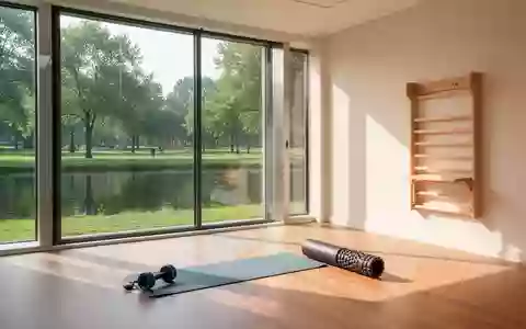 Ein heller, minimalistischer Physiotherapieraum mit einer Gymnastikmatte und einer Faszienrolle vor einem großen Fenster. - Foto: über boerse-global.de