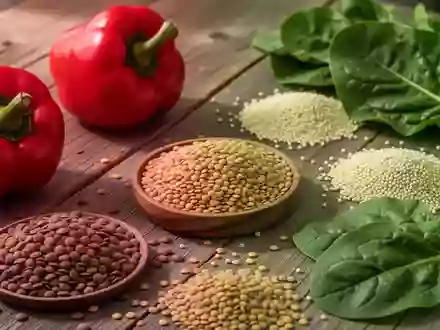 Verschiedene naturbelassene, eisenhaltige Lebensmittel wie Linsen, Hirse, Paprika und grünes Blattgemüse auf einer Holzfläche. - Foto: über boerse-global.de