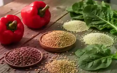 Verschiedene naturbelassene, eisenhaltige Lebensmittel wie Linsen, Hirse, Paprika und grünes Blattgemüse auf einer Holzfläche. - Foto: über boerse-global.de