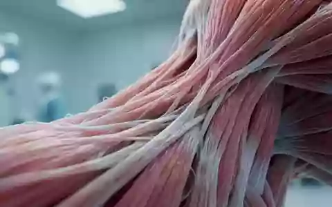 Detailaufnahme einer mikroskopischen Muskelgewebestruktur mit Fokus auf die faserigen Texturen in einer klinischen Umgebung. - Foto: über boerse-global.de
