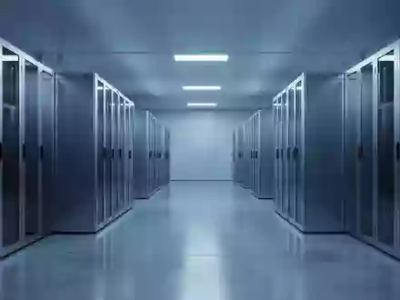 Ein moderner, minimalistischer Serverraum mit kühler blauer Beleuchtung und symmetrisch angeordneten, neutralen Metallschränken. - Foto: über boerse-global.de