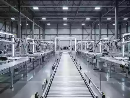 Innenansicht einer modernen, hochtechnologischen Fertigungshalle in Texas mit leeren Montagestationen und Förderbändern. - Foto: über boerse-global.de