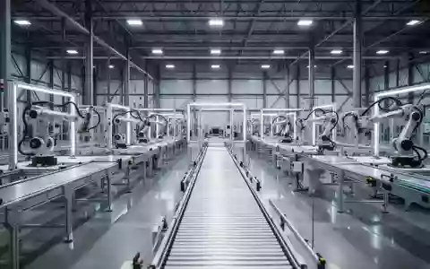 Innenansicht einer modernen, hochtechnologischen Fertigungshalle in Texas mit leeren Montagestationen und Förderbändern. - Foto: über boerse-global.de