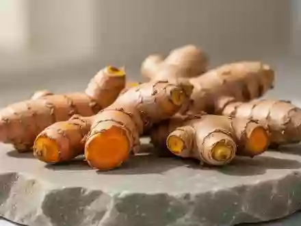 Frische Kurkuma- und Ingwerwurzeln auf einer steinernen Oberfläche in einem Laborumfeld. - Foto: über boerse-global.de