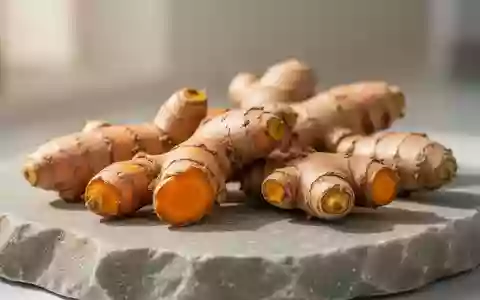 Frische Kurkuma- und Ingwerwurzeln auf einer steinernen Oberfläche in einem Laborumfeld. - Foto: über boerse-global.de
