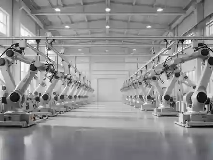 Moderne, leere Industriehalle mit präzisen Robotik-Montagearmen an der Decke. - Foto: über boerse-global.de
