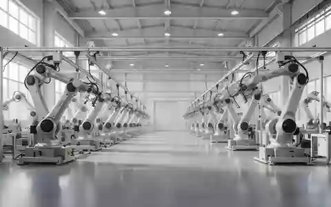 Moderne, leere Industriehalle mit präzisen Robotik-Montagearmen an der Decke. - Foto: über boerse-global.de
